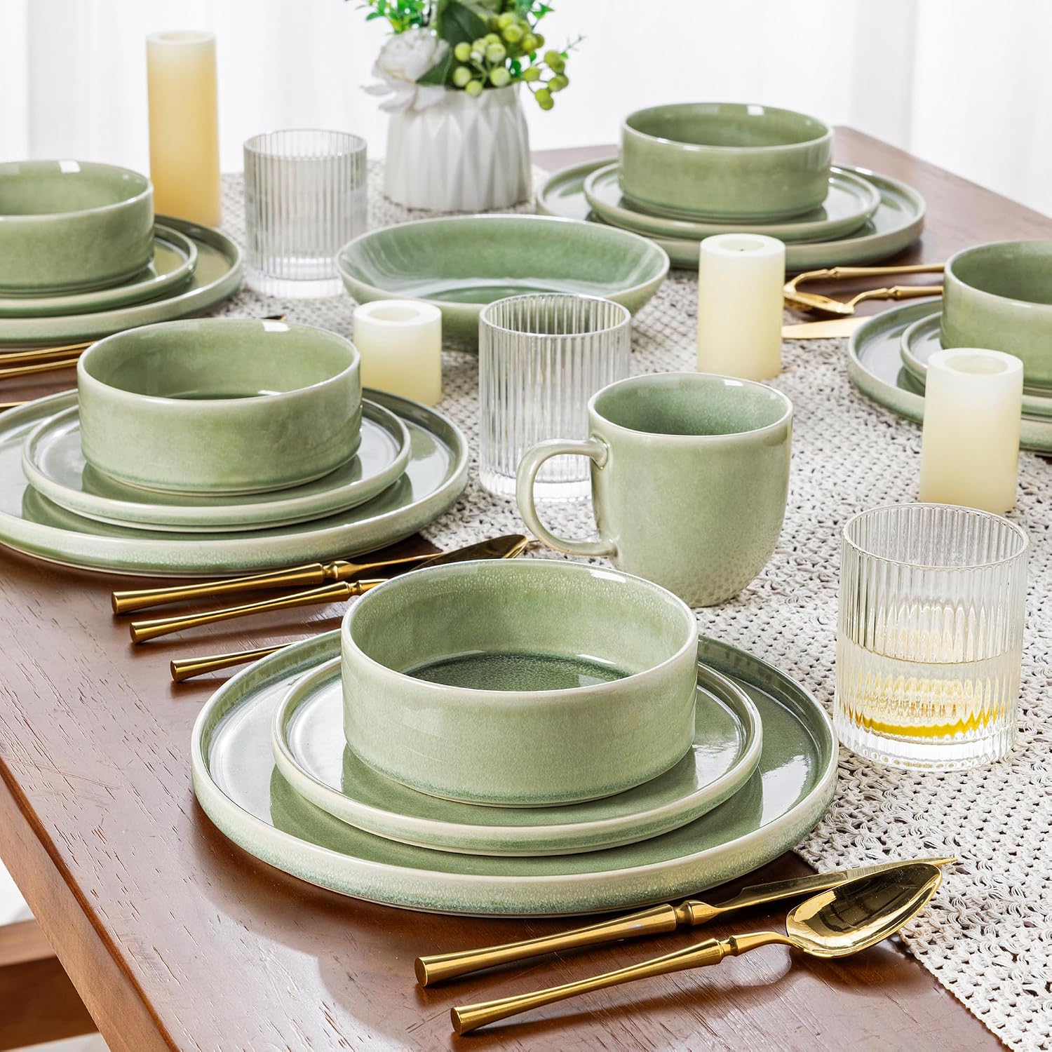 Handmade Reactive Glaze Ceramic Dinnerware Set (24 pieces/8 servings), Crack and Scratch Resistant, Microwave and Dishwasher Safe - Image 2